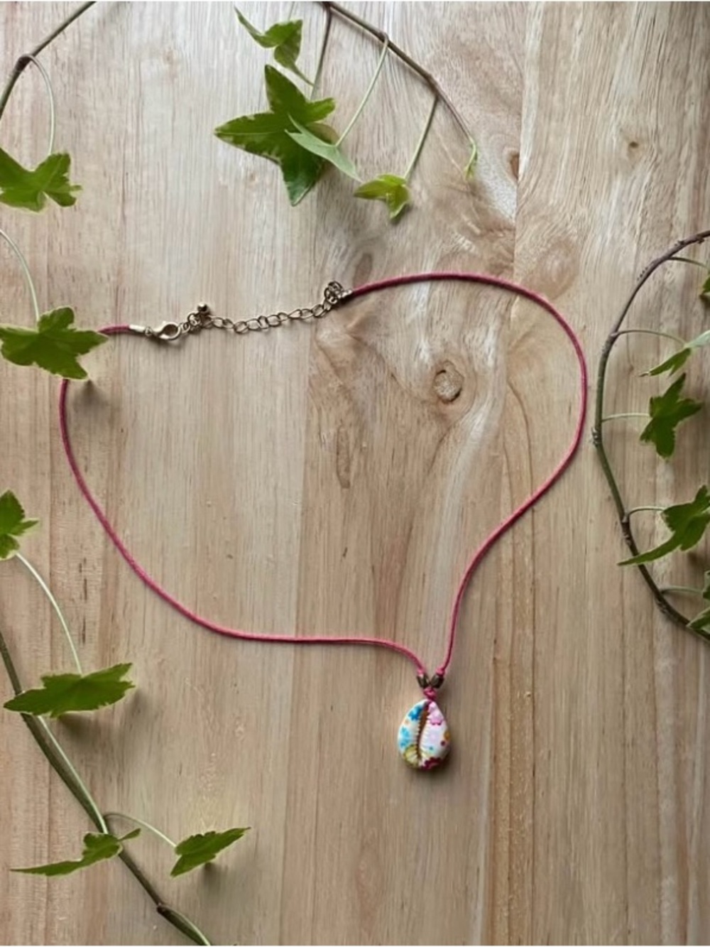 Pink Cord Necklace with Multicolor Shell Pendant